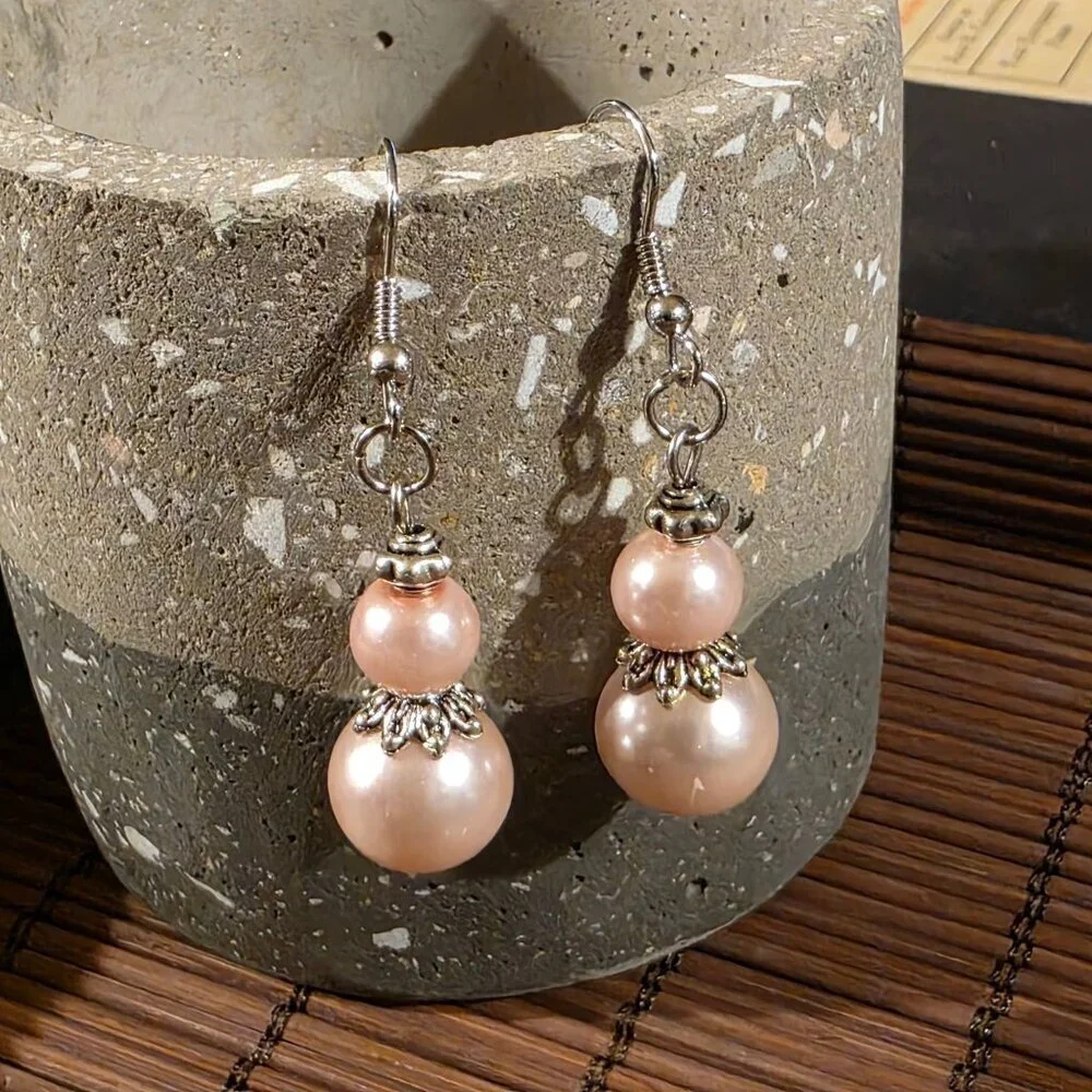 Handcrafted Light Pink Antiqued Silver Glass Pearl Drop Earrings